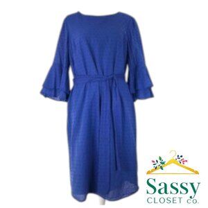 Nine West Blue Swiss Dot Midi Dress 3/4 Bell Sleeve Tie Waist Sz 12 EUC